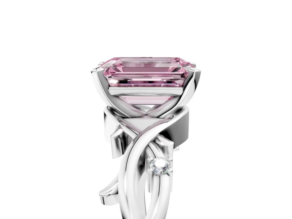 Fancy Pink Emerald Cut Diamond Solitaire Ring with Twisted Band and Prong Setting Silver