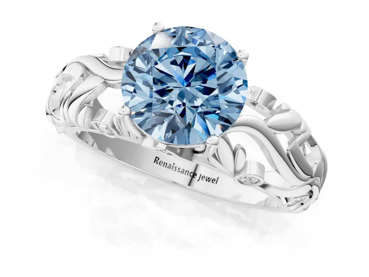 Fancy Blue Round Cut Solitaire Diamond Leaf-Inspired Vine Band Ring with Prong Setting Silver