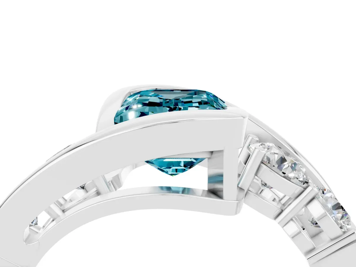 Bezel Set Emerald Cut Blue Topaz Bypass Ring with Round Accents Platinum