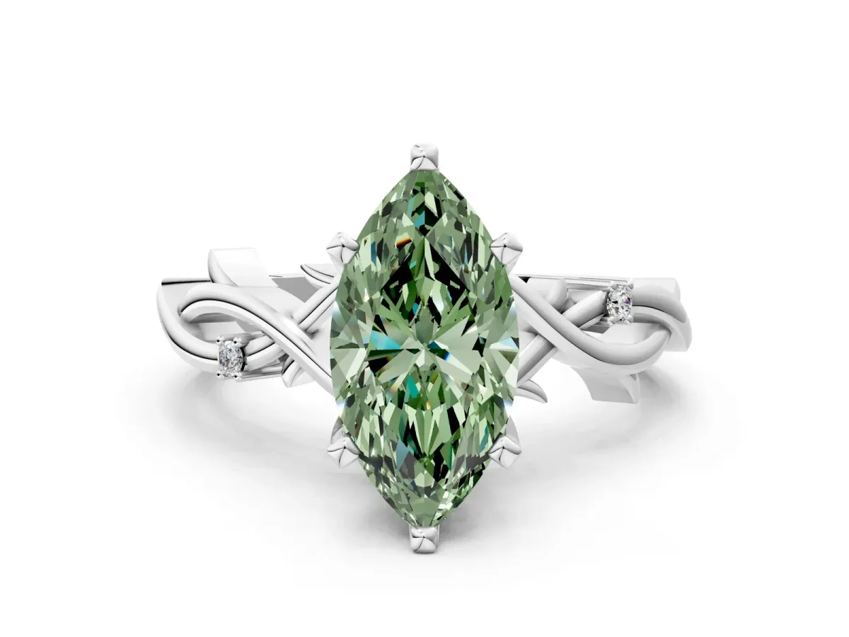 Fancy Green Marquise Cut Diamond Solitaire Ring with Twisted Band and Prong Setting Silver