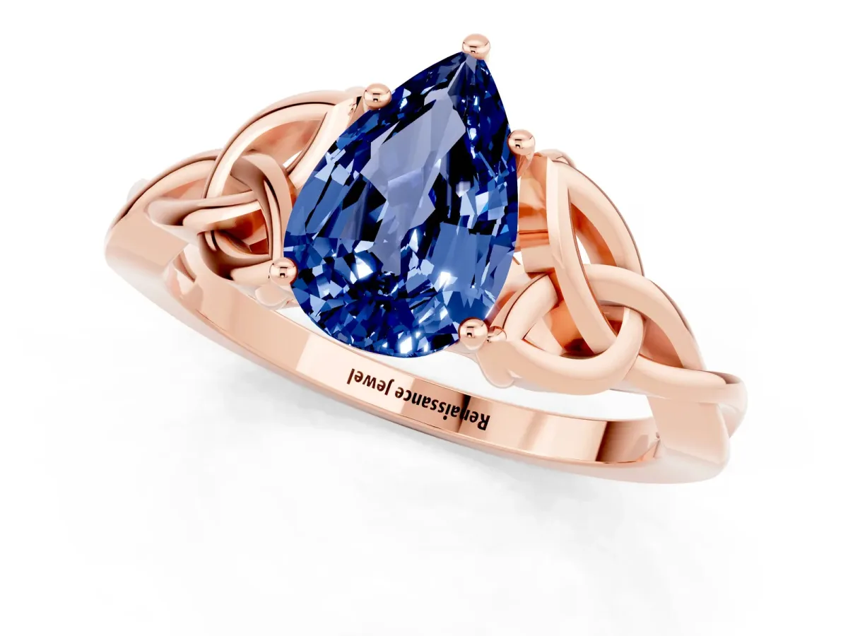 Pear Cut Blue Sapphire Solitaire Celtic Knot Ring with Four-Prong Setting Rose gold