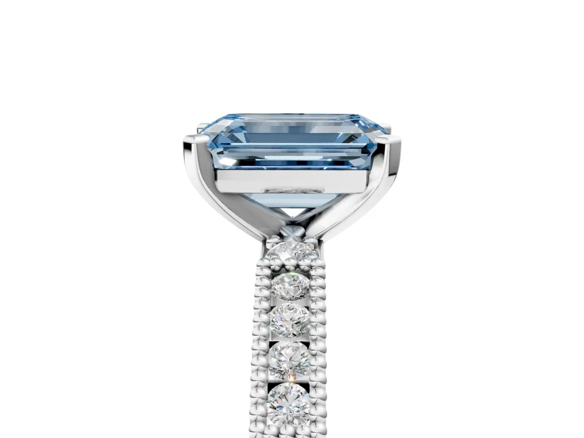 Fancy Blue Emerald Cut Solitaire with Pavé Band and Four-Prong Setting Silver