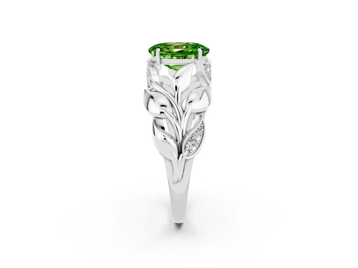 Oval Cut Peridot Leaf-Inspired Engagement Ring with Round Accents and Prong Setting Platinum