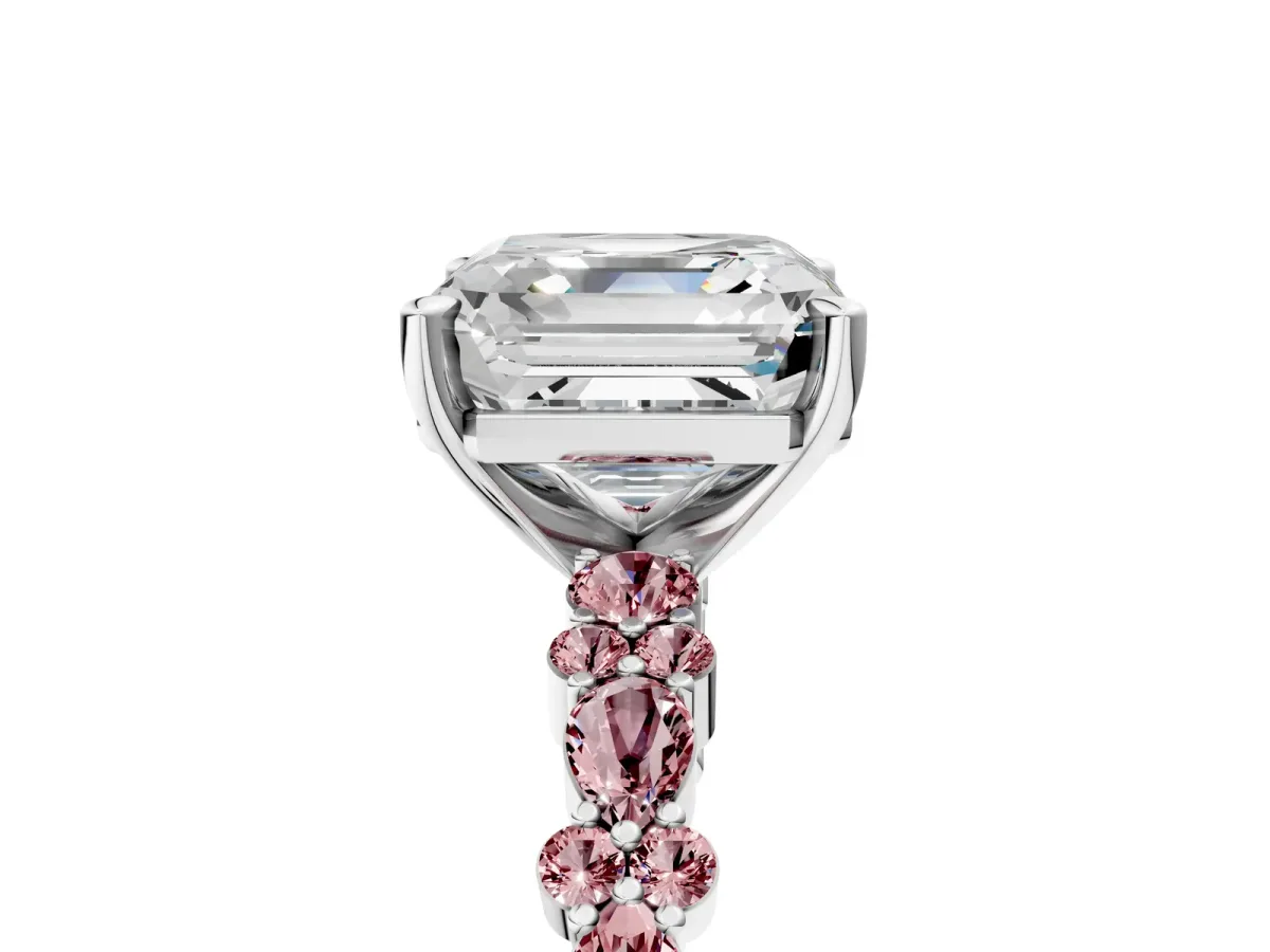 Asscher Cut Diamond Side Stone Solitaire Ring with Round Morganite and Four-Prong Setting Platinum