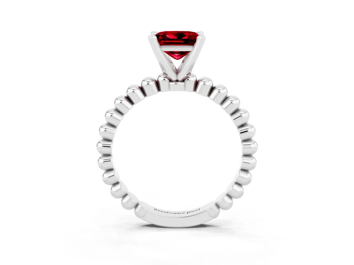 Princess Cut Ruby Solitaire Ring with Beaded Band and Prong Setting Platinum