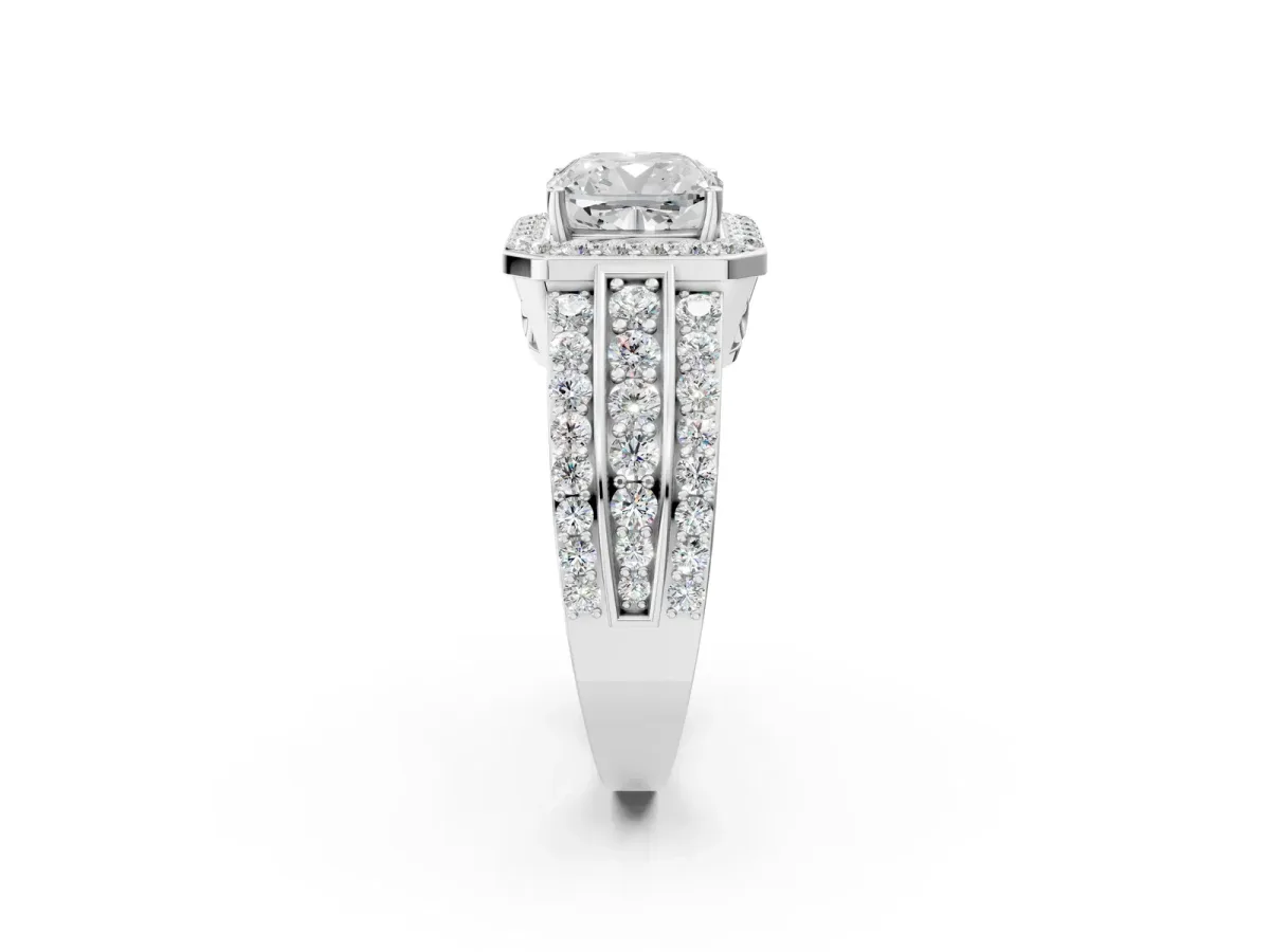 Cushion Cut Halo Diamond Ring with Round Split Shank and Prong Setting Platinum