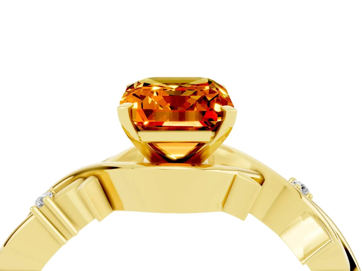 Emerald Cut Citrine Solitaire Ring with Twisted Band and Prong Setting Yellow gold