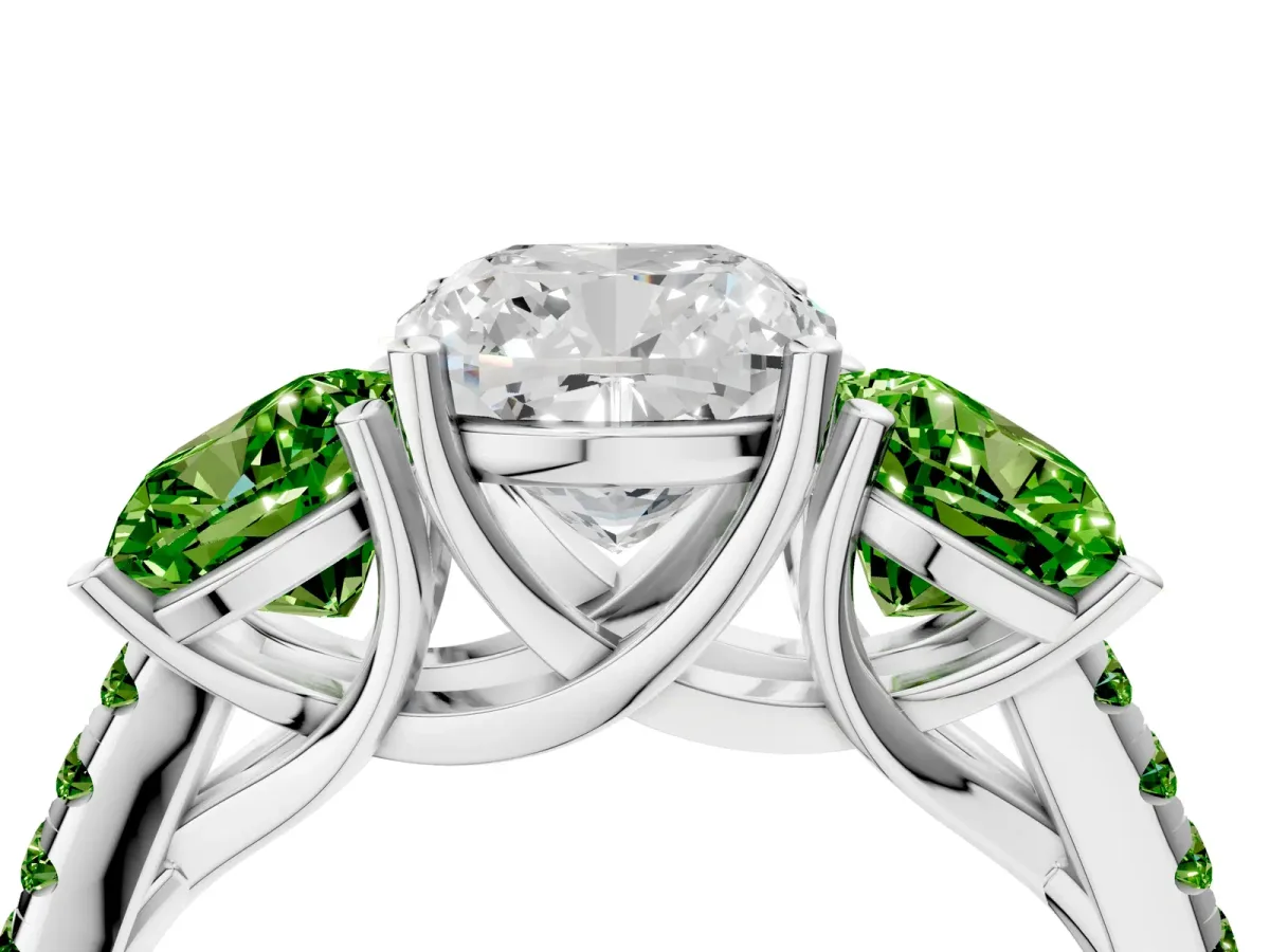 Three-Stone Cushion Cut Diamond Ring with Round Peridot Pavé Band and Prong Setting Silver