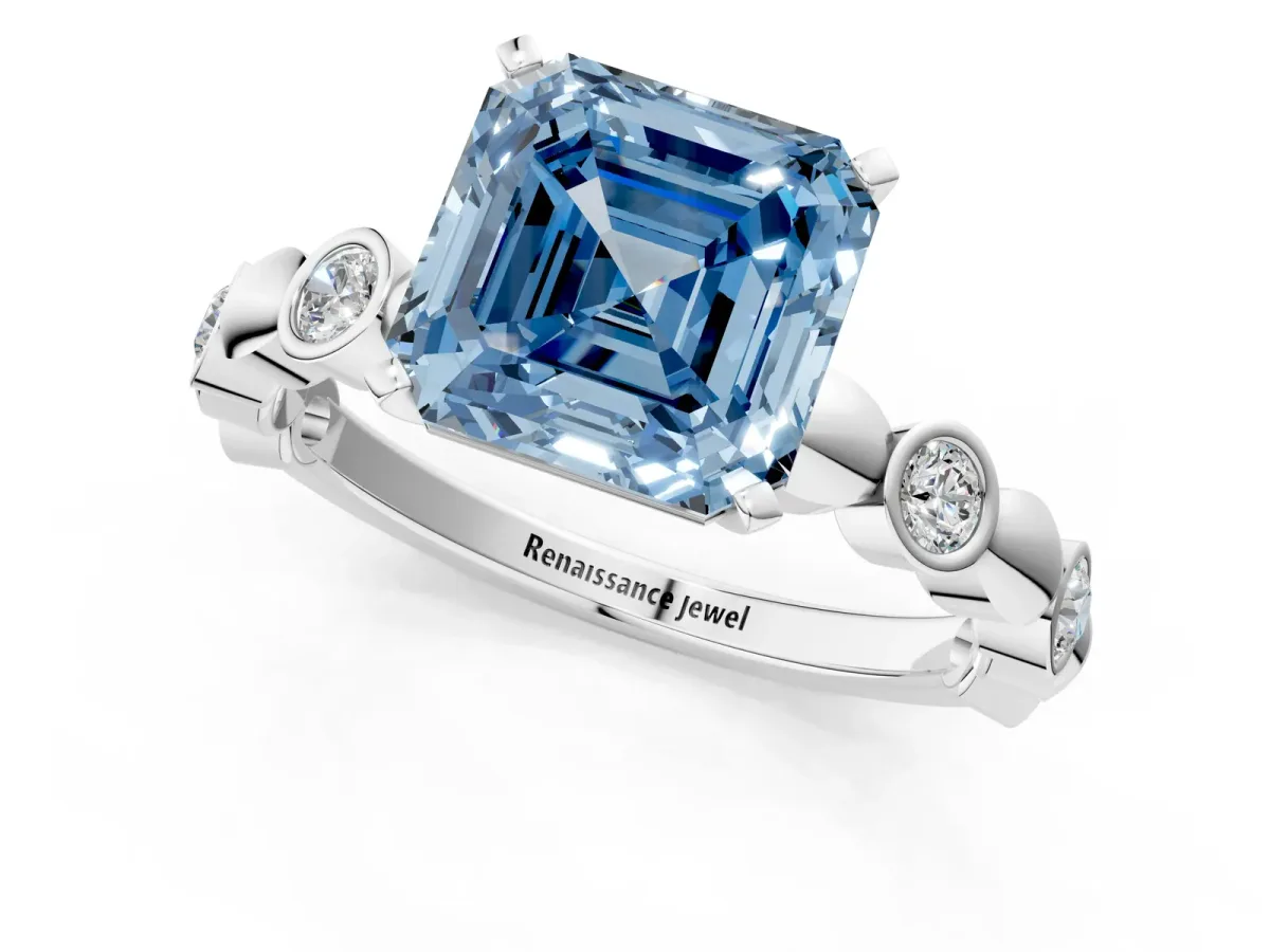 Fancy Blue Asscher Cut Solitaire Bezel-Set Diamond Ring with Beaded Band and Four-Prong Setting Platinum