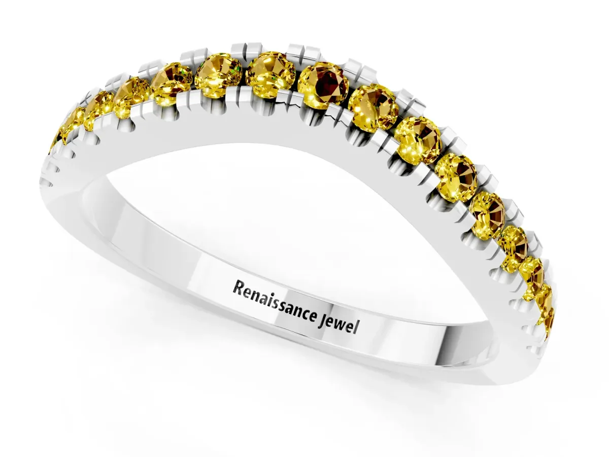 Round Yellow Sapphire Pavé Curved Band with Shared Prong Setting White gold