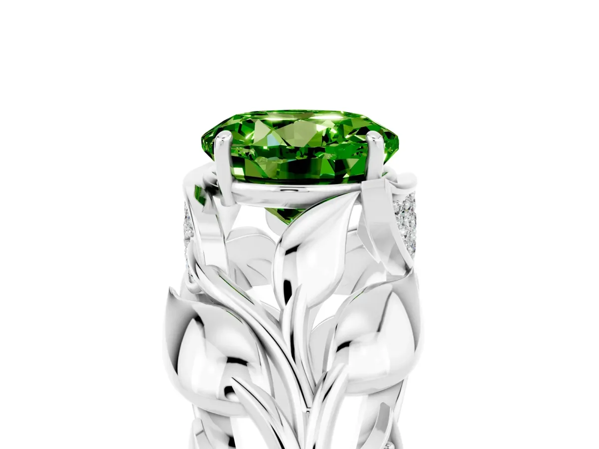 Round Cut Peridot Leaf-Inspired Engagement Ring with Round Accents and Prong Setting Silver