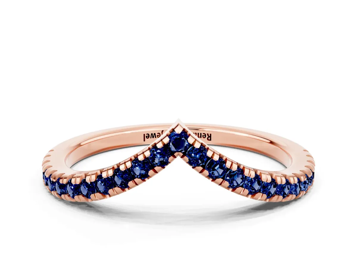 Pavé Round Blue Sapphire V-Shaped Chevron Band with Shared Prong Setting Rose gold