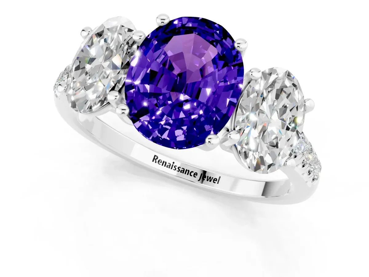 Three-Stone Oval Cut Tanzanite Ring with Round Pavé Band and Prong Setting Platinum