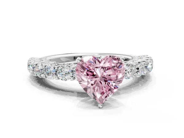 Fancy Pink Heart Cut Diamond Solitaire Ring with Shared Prong Pavé Band and Four-Prong Setting Platinum
