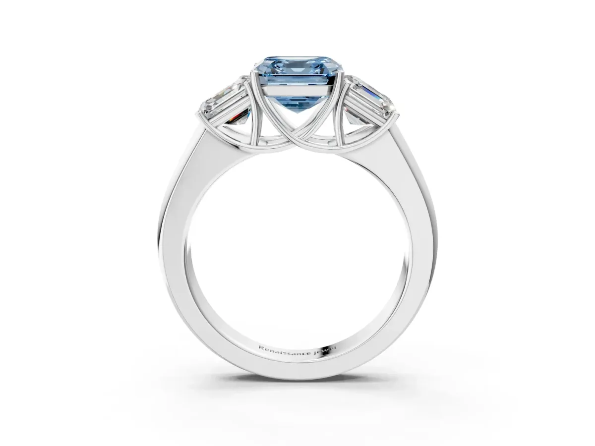 Fancy Blue Three-Stone Asscher Cut Cut Diamond Ring with Prong Setting and Classic Band Platinum