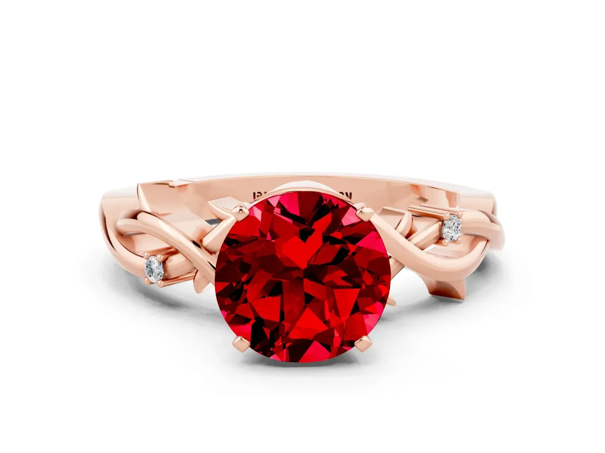 Round Cut Ruby Solitaire Ring with Twisted Band and Prong Setting Rose gold
