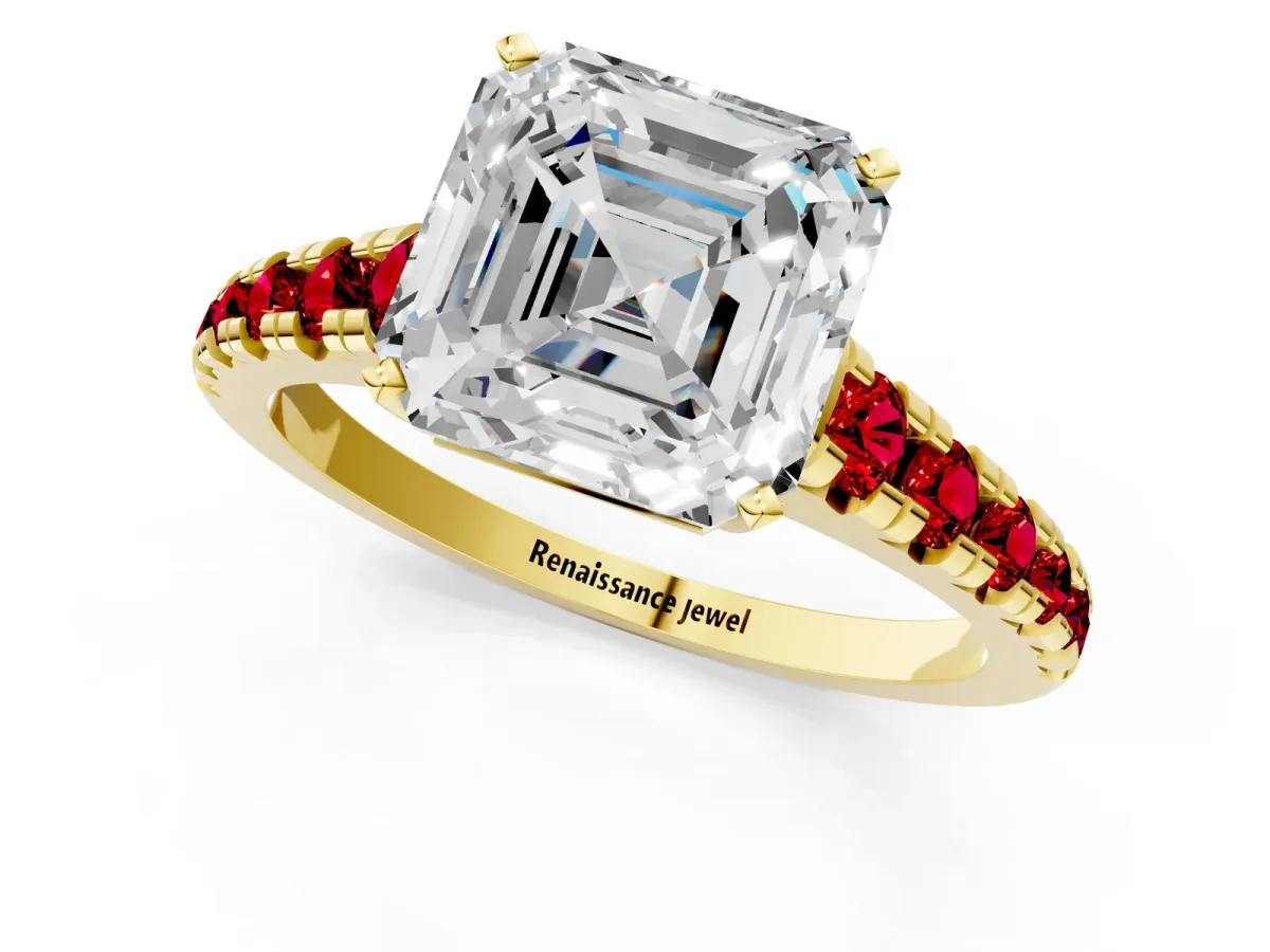 Asscher Cut Diamond Cathedral Solitaire Ring with Round Ruby Pavé Band Yellow gold