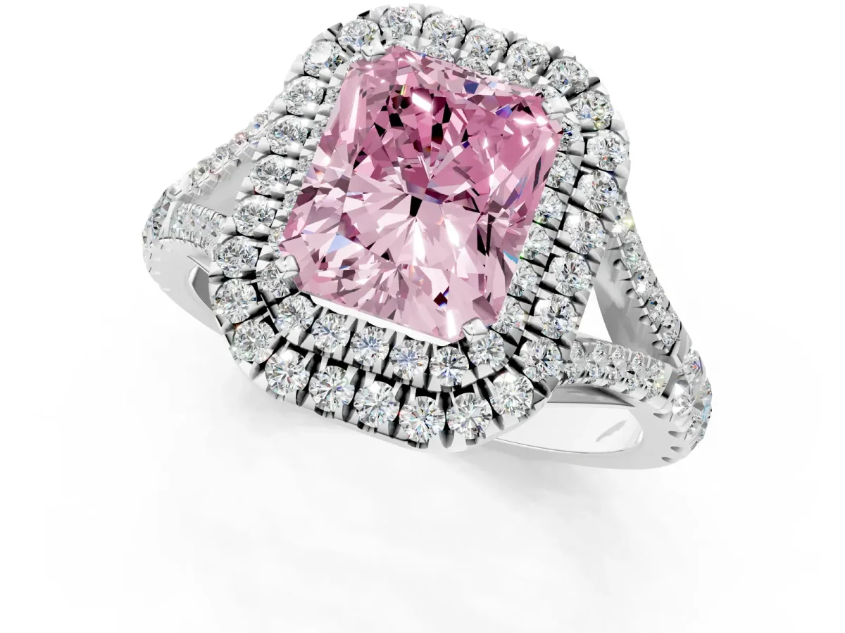 Fancy Pink Radiant Cut Cut Double Halo Split Shank Diamond Ring with Prong Setting Platinum