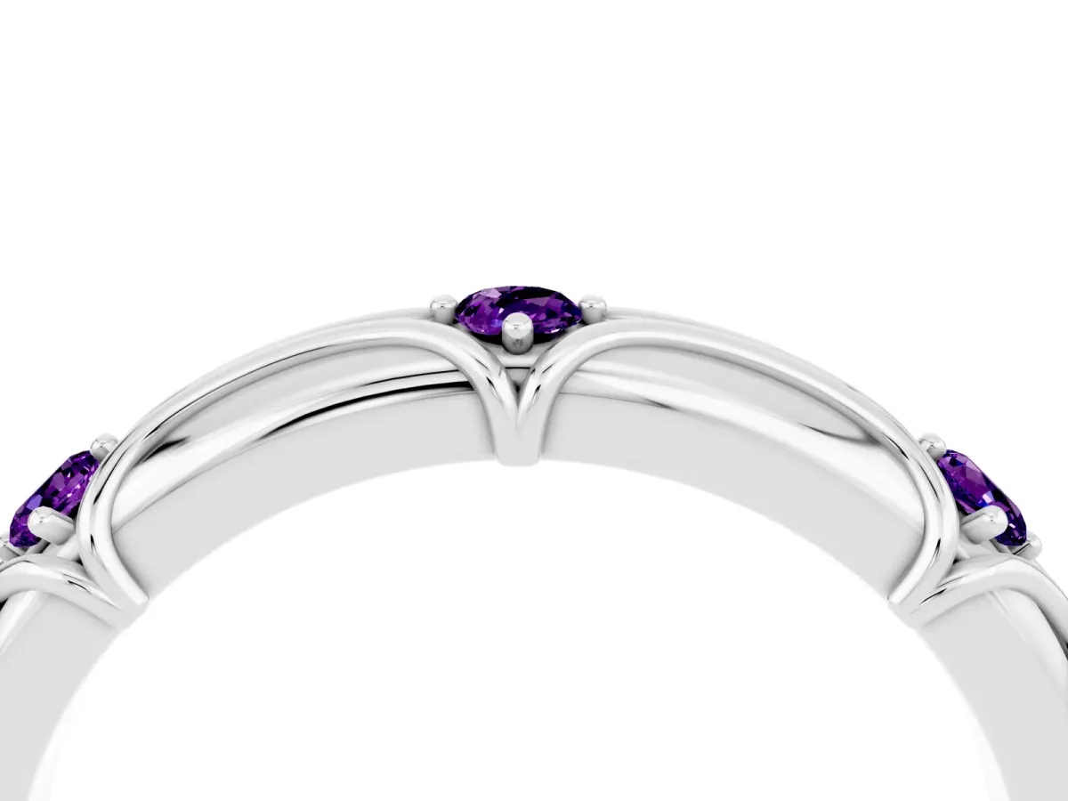 Round Amethyst Prong Set Milgrain Eternity Band Platinum