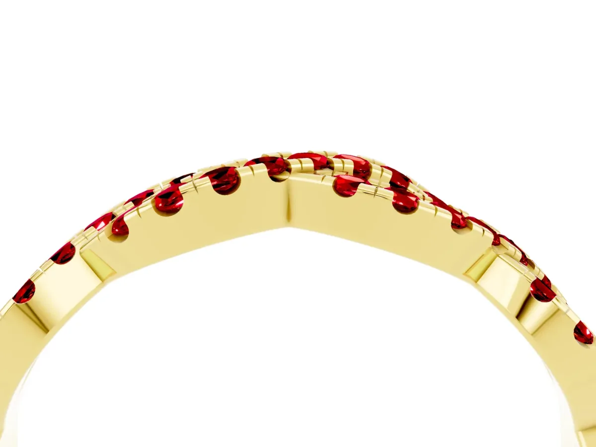Round Ruby Twisted Eternity Band with Pavé and Shared Prong Setting Yellow gold