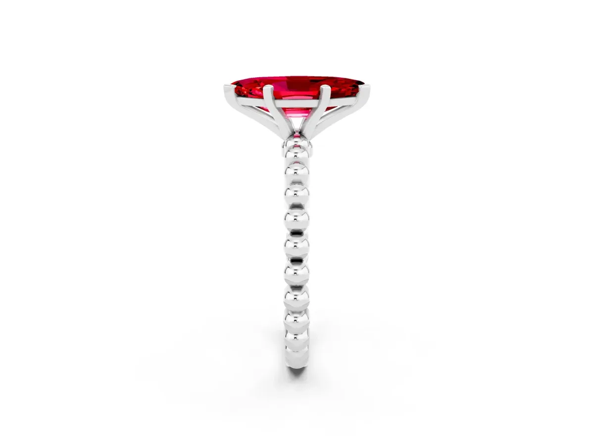 Marquise Cut Ruby Solitaire Ring with Beaded Band and Prong Setting Silver