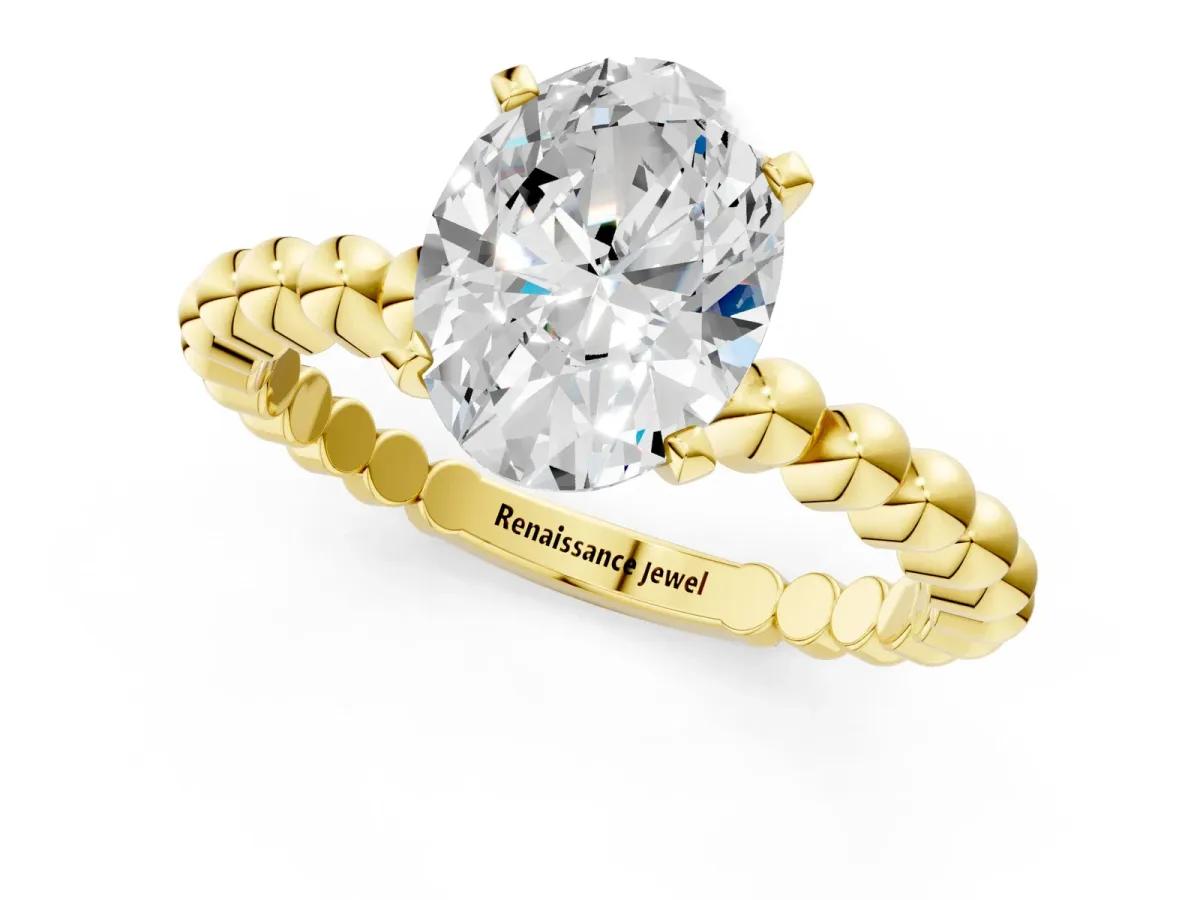 Oval Cut Diamond Solitaire Ring with Beaded Band and Prong Setting Yellow gold