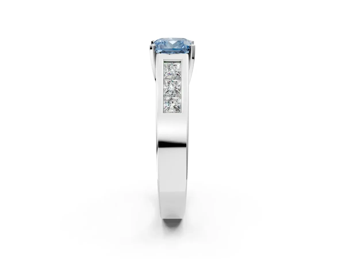 Fancy Blue Cushion Cut Cut Channel Set Solitaire Ring with Four-Prong Setting White gold