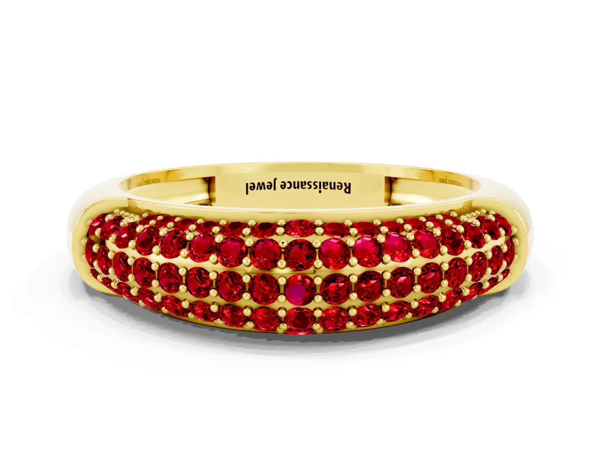 Three-Row Pavé Round Ruby Dome Band Yellow gold