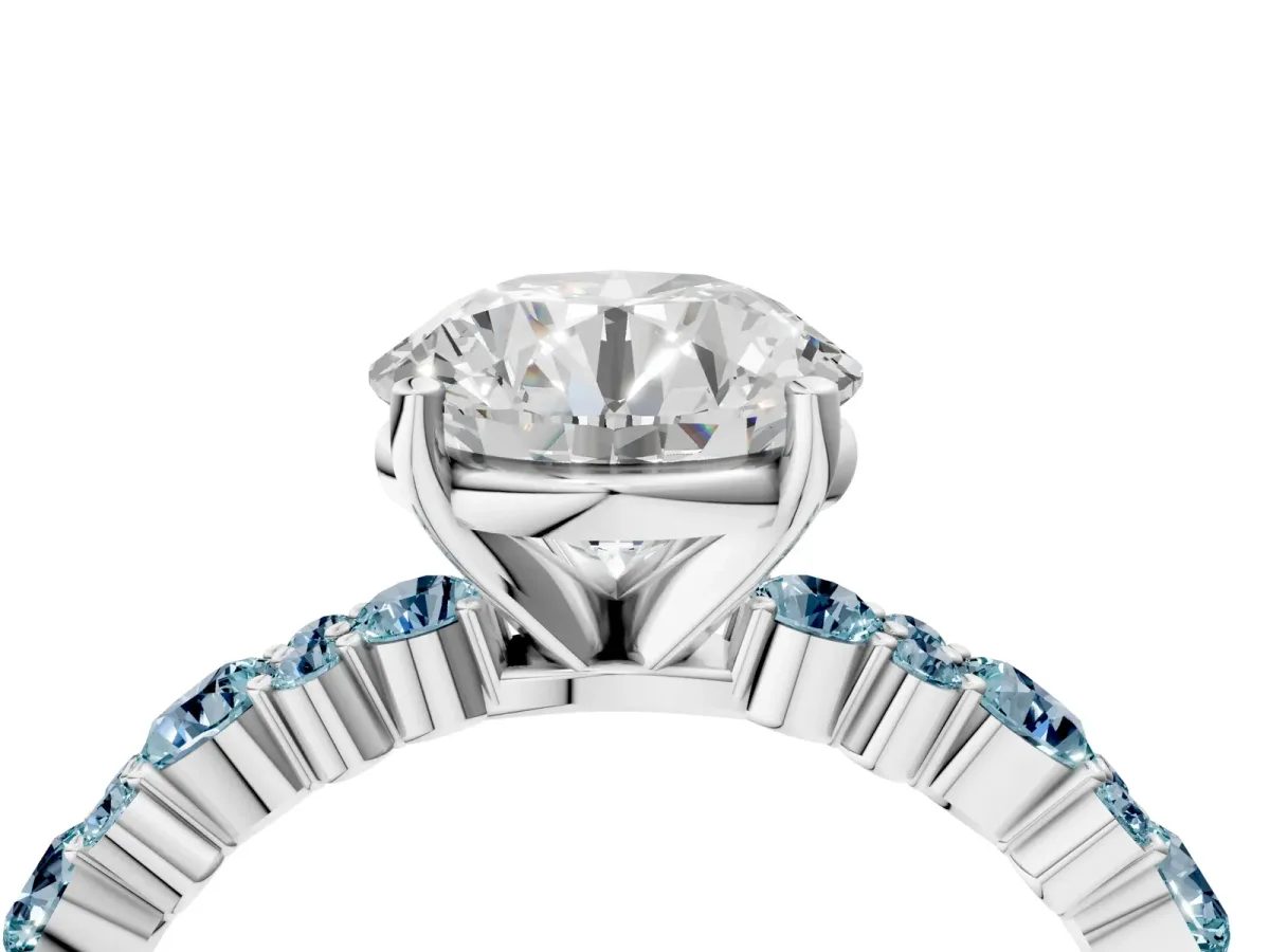 Round Cut Diamond Side Stone Solitaire Ring with Round Aquamarine and Four-Prong Setting Silver