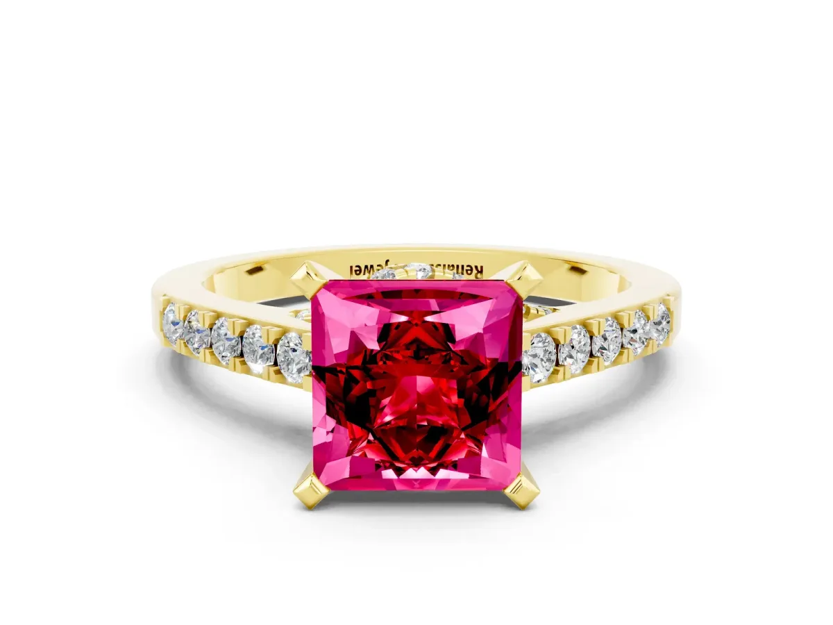 Princess Cut Ruby Solitaire Ring with Crossover Gallery and Round Pavé Band Yellow gold