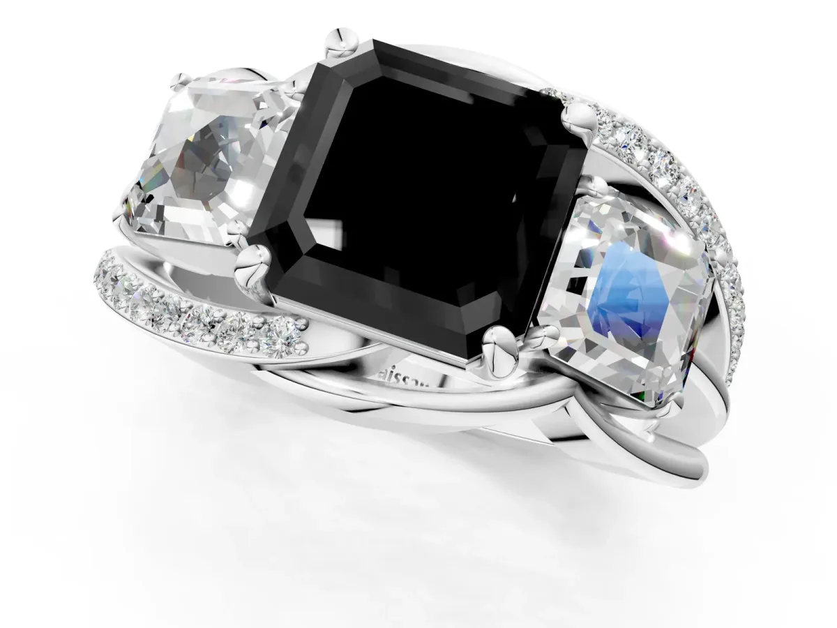 Fancy Black Three-Stone Asscher Cut Cut Diamond Split Shank Prong Set Ring Platinum