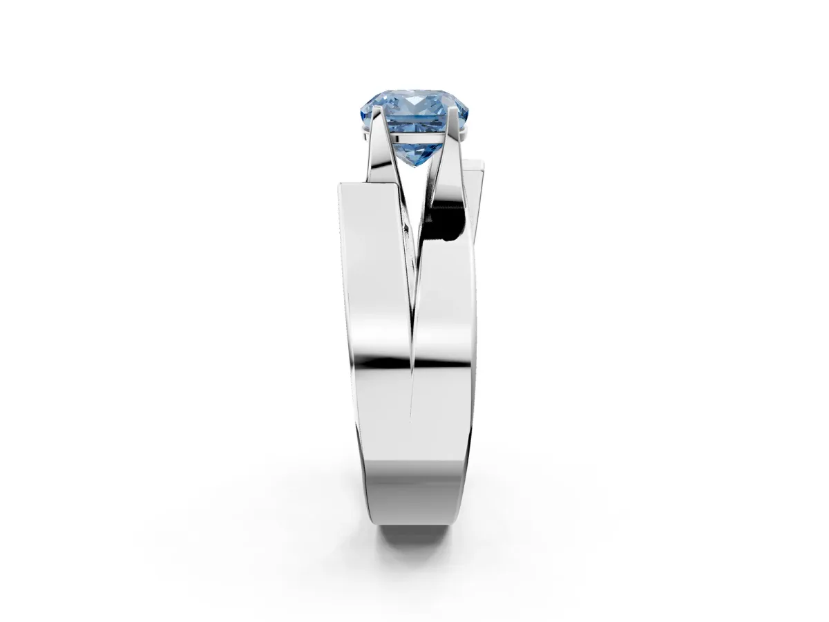Fancy Blue Modern Tension Set Cushion Cut Diamond Solitaire Wide Band Ring Silver