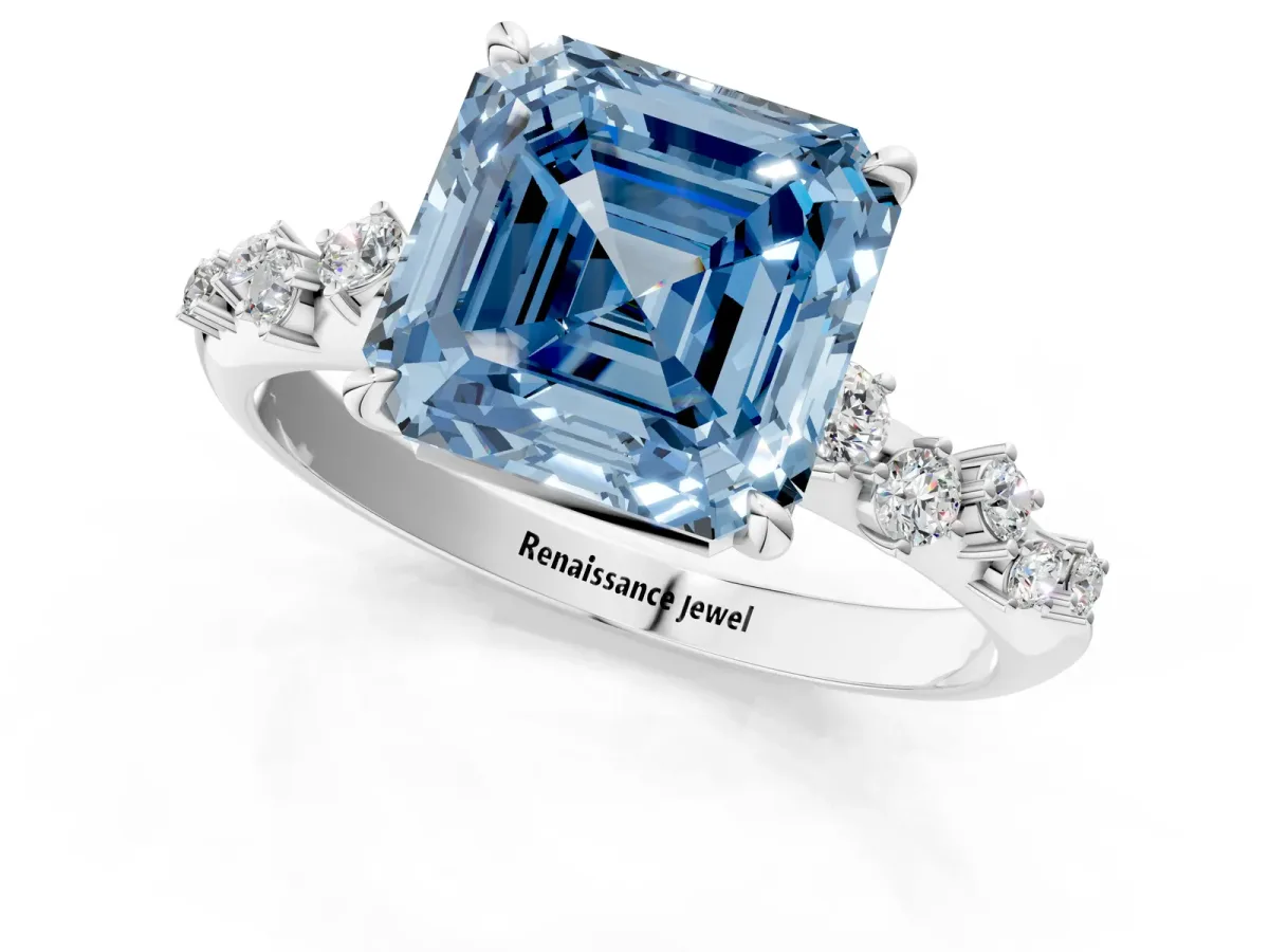 Fancy Blue Asscher Cut Diamond Cluster Side Stone Solitaire Ring with Prong Setting Platinum