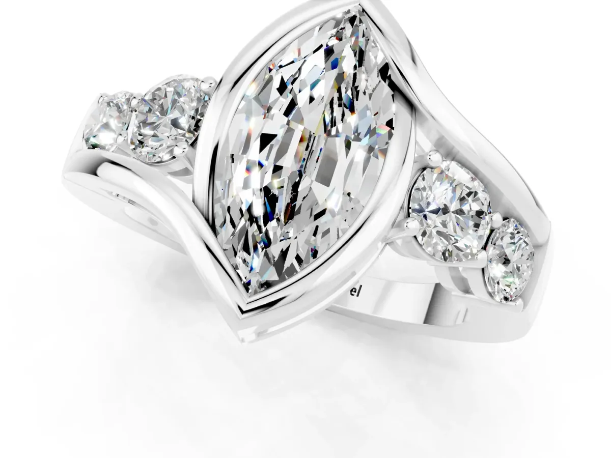 Bezel Set Marquise Cut Moissanite Bypass Ring with Round Accents Silver
