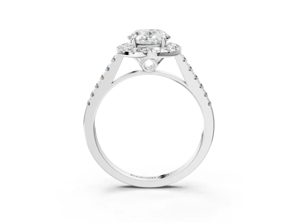 Oval Cut Halo Pavé Diamond Engagement Ring with Four-Prong Setting Silver