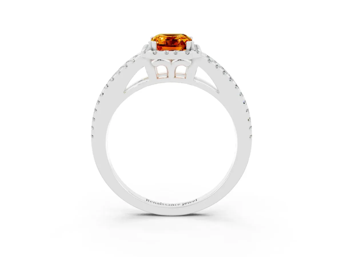 Emerald Cut Citrine Halo Split Shank Engagement Ring Platinum