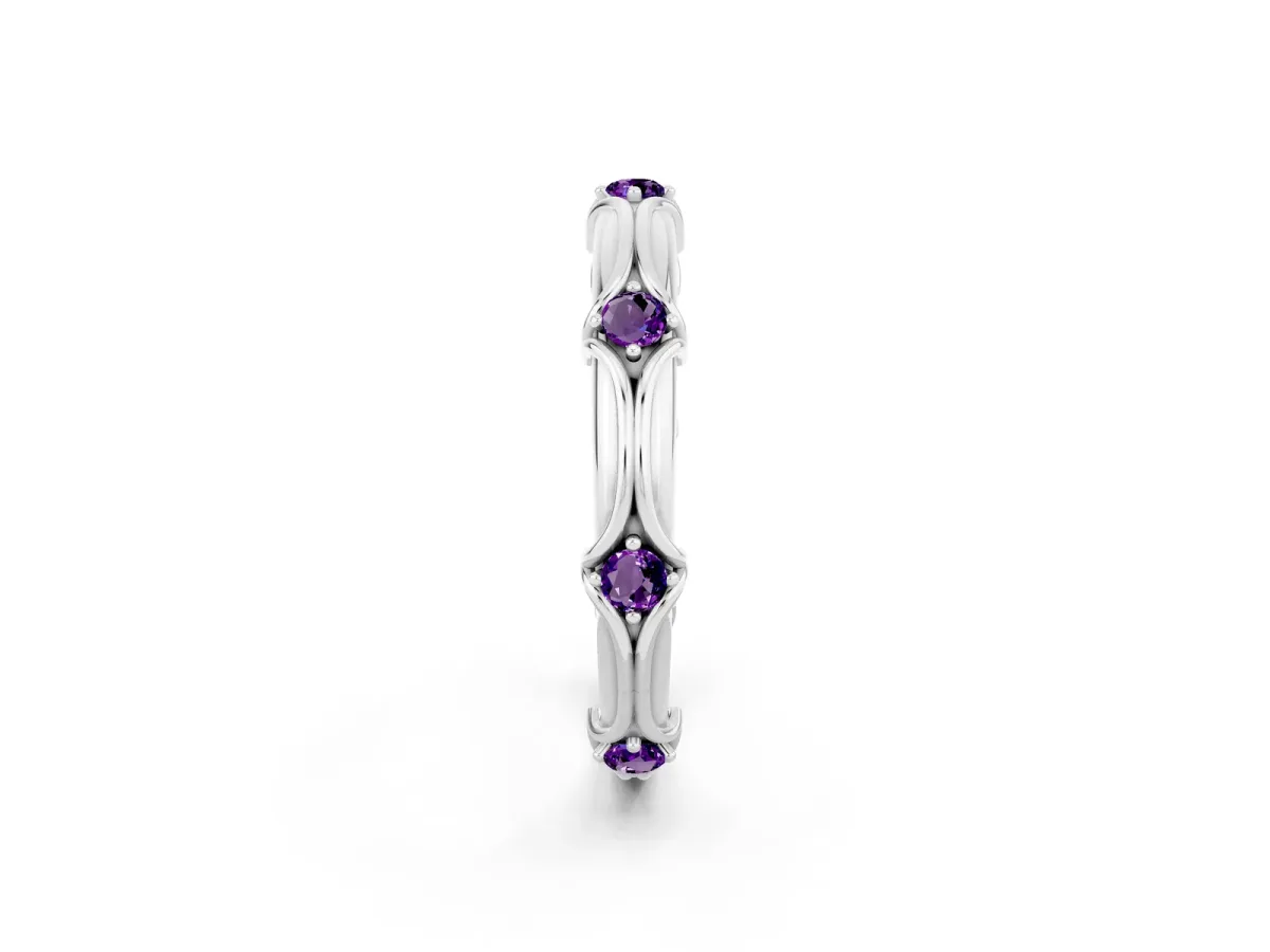 Round Amethyst Prong Set Milgrain Eternity Band Platinum