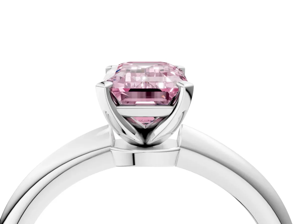 Fancy Pink Emerald Cut Diamond Solitaire Ring with Six-Prong Setting and Classic Band Silver