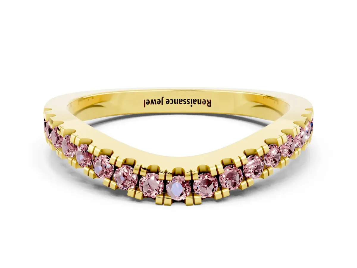 Round Morganite Pavé Curved Band with Shared Prong Setting Yellow gold