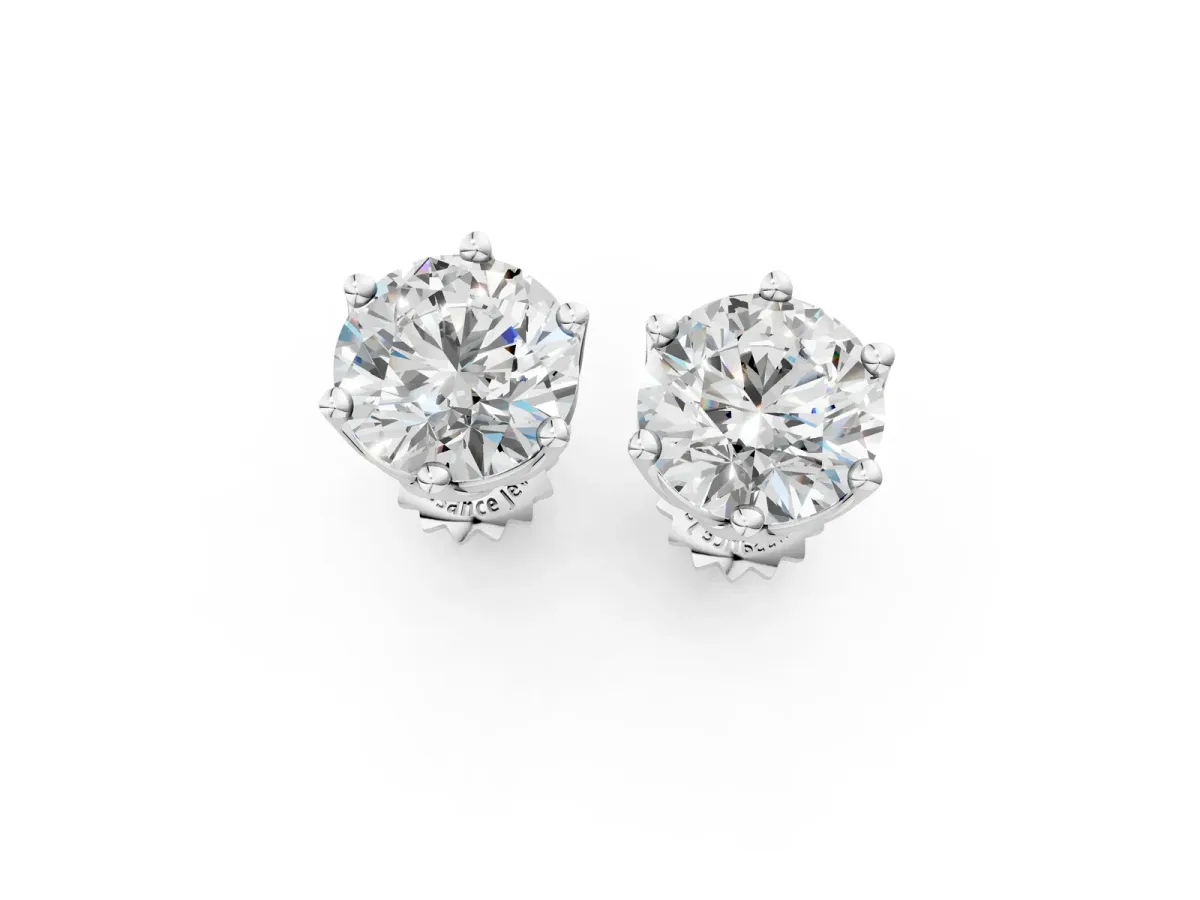 Round Diamond Six Prong Flower Petal Solitaire Stud Earrings Silver
