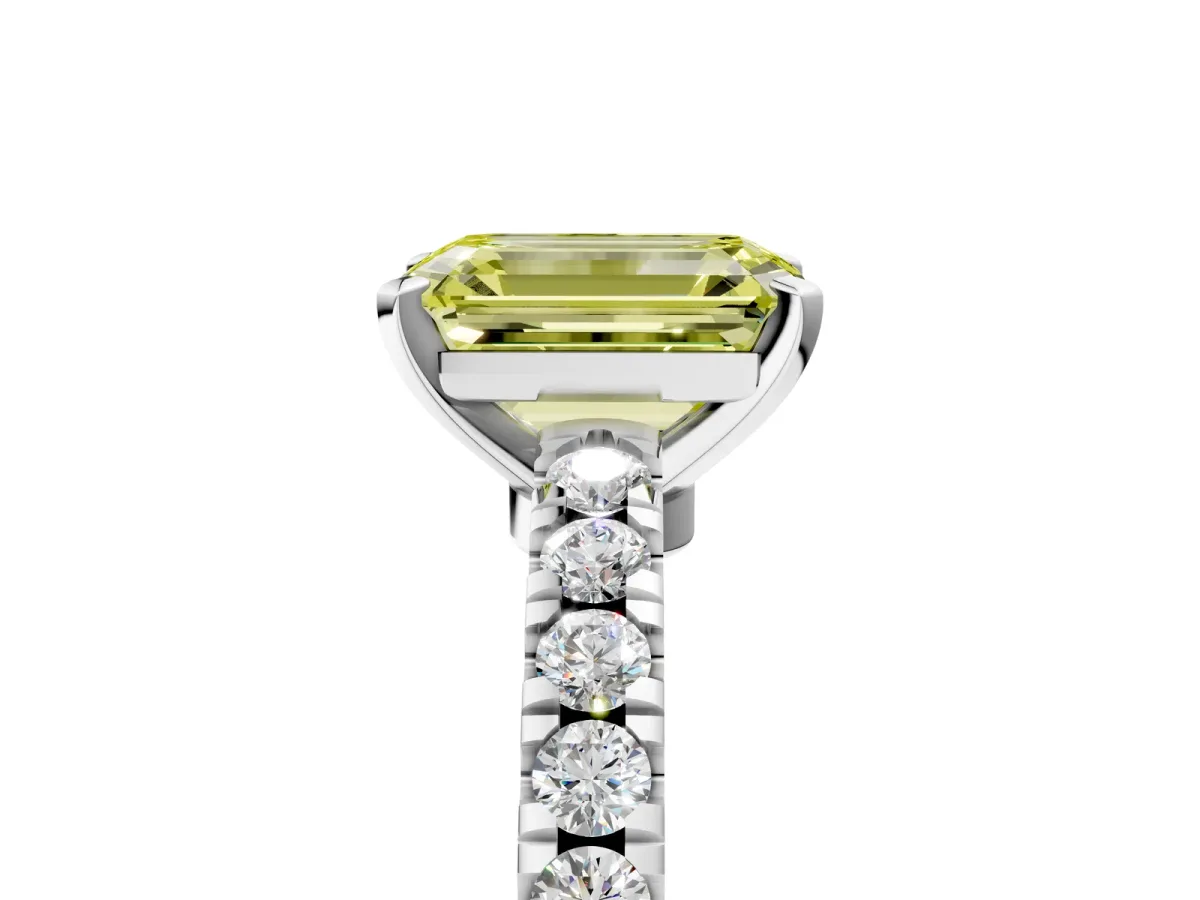 Fancy Yellow Emerald Cut Solitaire Diamond with Pavé Band and Four-Prong Setting Platinum