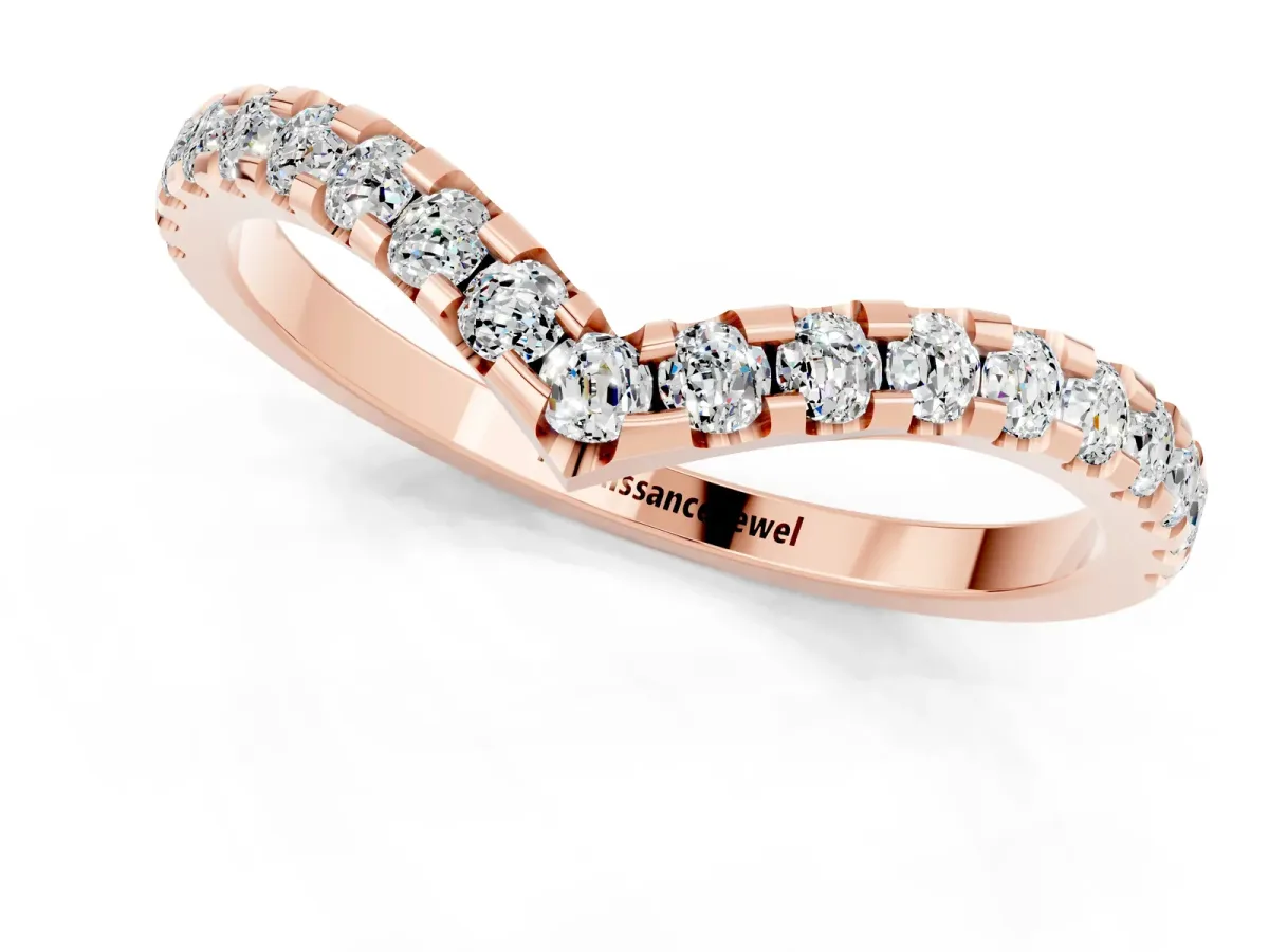 Pavé Round Moissanite Chevron Band with Shared Prong Setting Rose gold