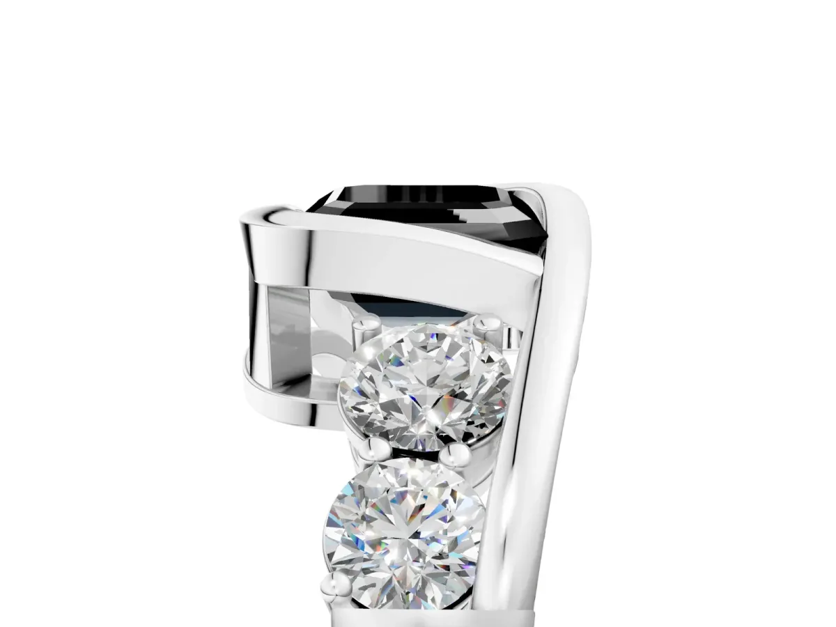 Fancy Black Bezel Set Asscher Cut Diamond Bypass Ring with Round Accents Silver