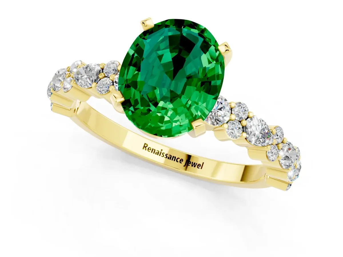 Oval Cut Emerald Side Stone Solitaire Ring with Round and Four-Prong Setting Yellow gold