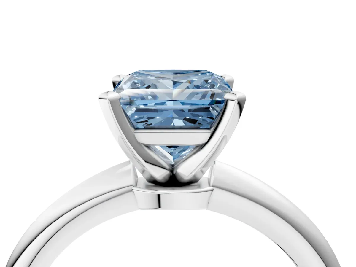 Fancy Blue Princess Cut Diamond Solitaire Ring with Six-Prong Setting and Classic Band Silver