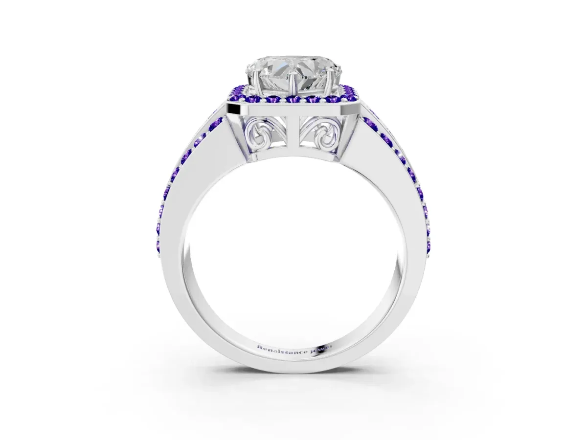 Heart Cut Halo Diamond Ring with Round Tanzanite Split Shank and Prong Setting Silver