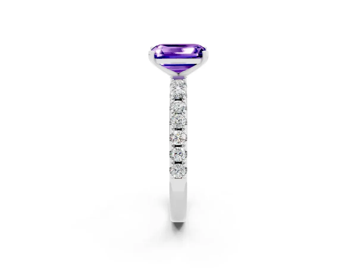 Emerald Cut Tanzanite Solitaire Pavé Band with Four-Prong Setting Silver