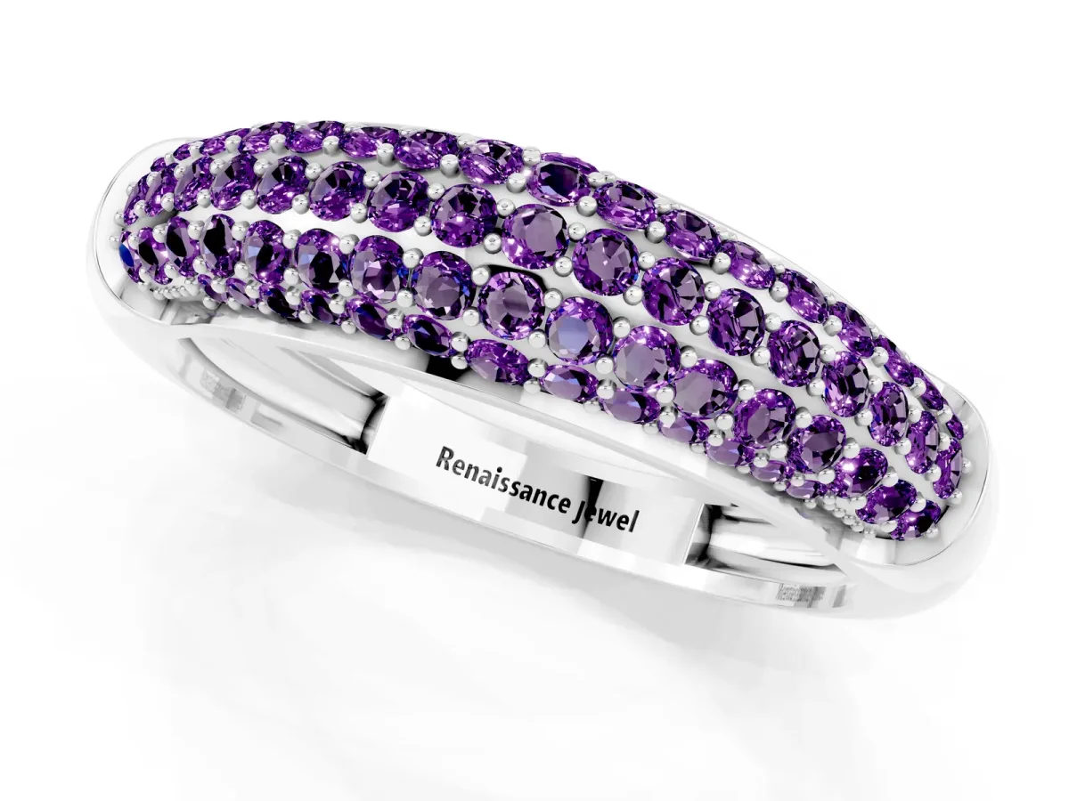 Three-Row Pavé Round Amethyst Dome Band Platinum
