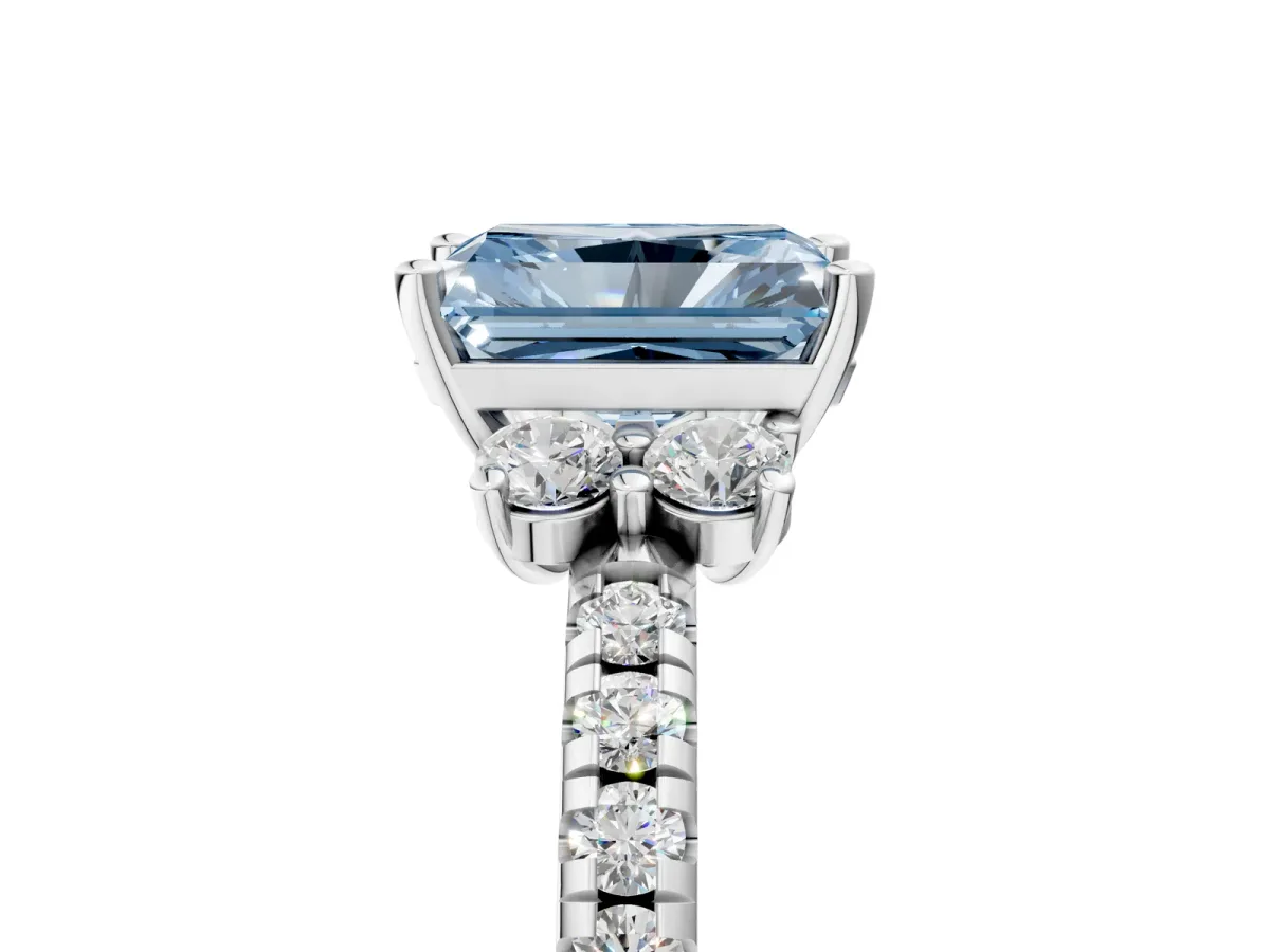 Fancy Blue Radiant Cut Diamond Three-Stone Pave Band with Four-Prong Setting Platinum