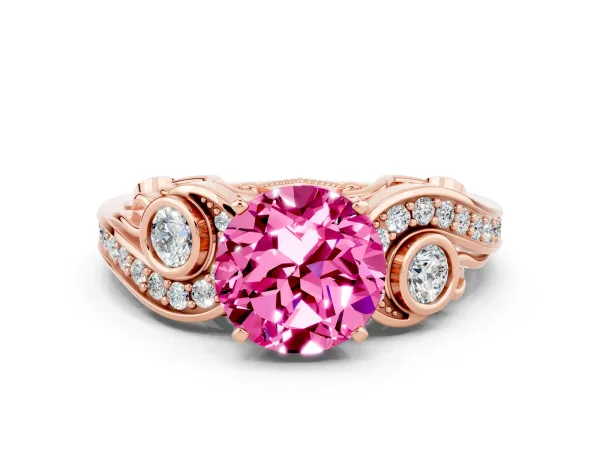 Round Cut Pink Sapphire Solitaire Ring with Milgrain Pavé Band and Four-Prong Setting Rose gold